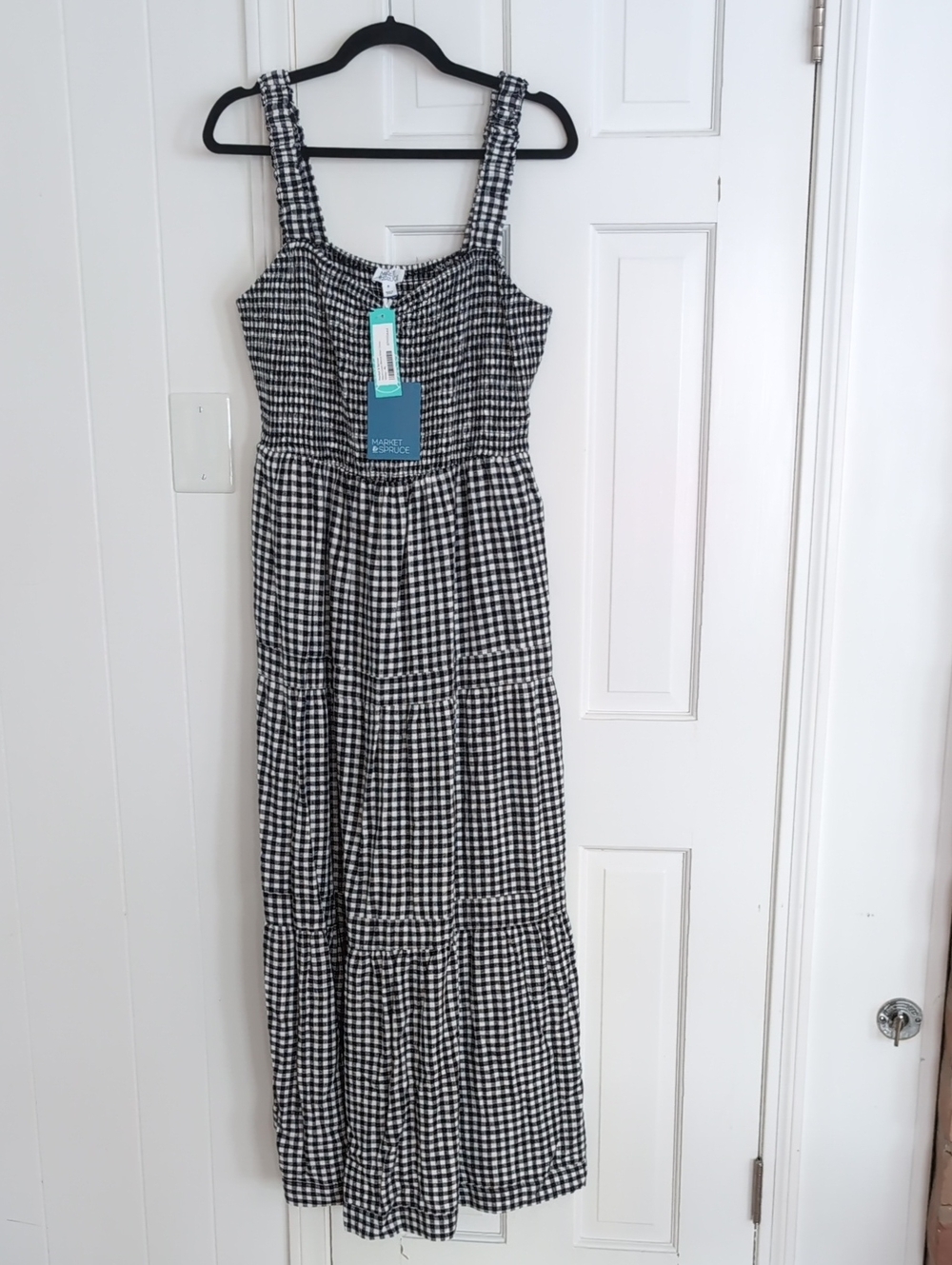 Market & Spruce Black and White Gingham Tiered Maxi Dress